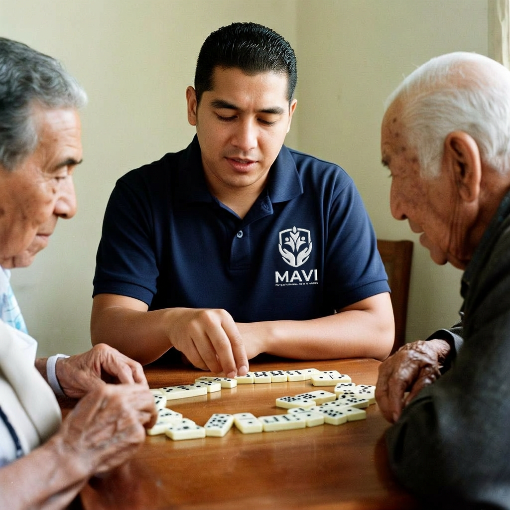 Cuidador MAVI jugando dominó con un adulto mayor